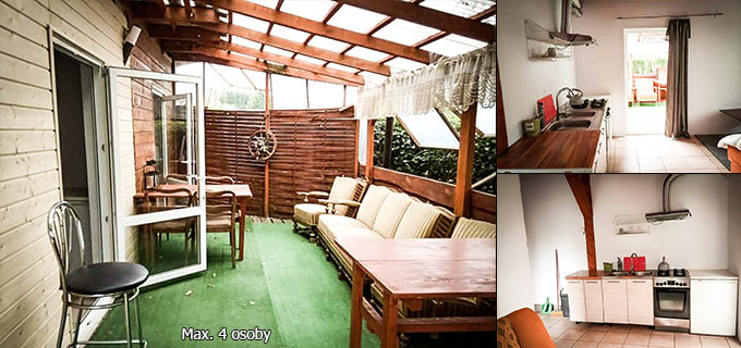 Apartament do wynajęcia dla maksymalnie 4 osób. Składa się z salonu (rozkładana 2-osobowa sofa) z aneksem kuchennym, łazienki oraz sypialni z dwoma pojedynczymi łóżkami. Apartament dysponuje zadaszonym patio oraz tarasem. Cena wynajmu to 120 zł za dobę. Istnieje możliwość negocjacji ceny przy dłuższym pobycie lub przy wynajmie dla 2 osób.
