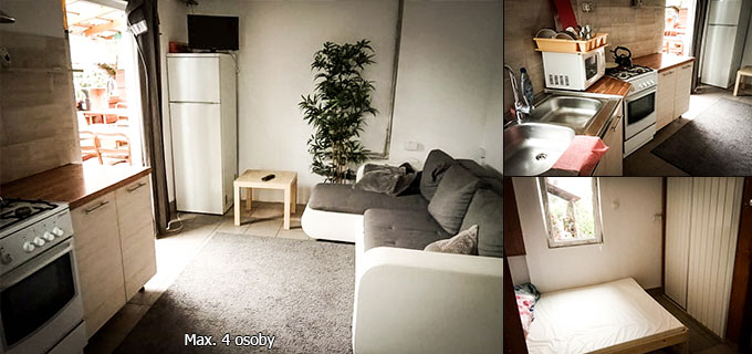 Do wynajęcia apartament dla maksymalnie 4 osób. Składa się z salonu (rozkładana 2-osobowa sofa) z aneksem kuchennym, łazienki oraz sypialni (łóżko podwójne). Apartament dysponuje zadaszonym patio oraz tarasem. Cena za dobę 120 zł. Istnieje możliwość negocjacji ceny przy dłuższym pobycie lub wynajmie dla 2 osób.